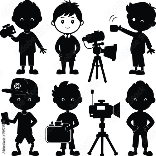 Black Silhouette Cartoon Camera Crew: Filmmakers and Photographers