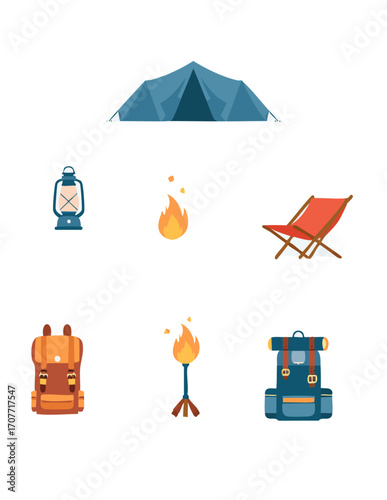 Camping illustration featuring a tent, lantern, campfire, chair, torch, and two backpacks on a white background.