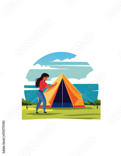 A woman is setting up a bright orange and yellow tent in a grassy outdoor setting with a blue sky backdrop.