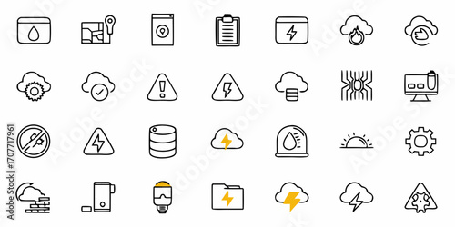Collection of various outline icons representing technology and industry related symbols in black and white