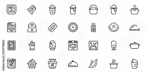 Collection of kitchen and cooking related icons including appliances and food items in outline style