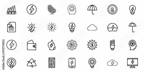 Collection of various doodle style icons including lightning bolts and weather related symbols design