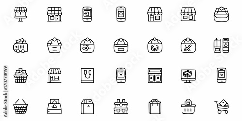 Illustration of various retail and shopping icons including stores baskets and mobile commerce symbols