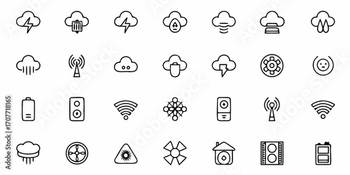 Collection of various outline icons featuring weather cloud technology and miscellaneous symbols arranged neatly