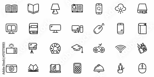 Collection of various education and technology related icons in a simple line art style design set up