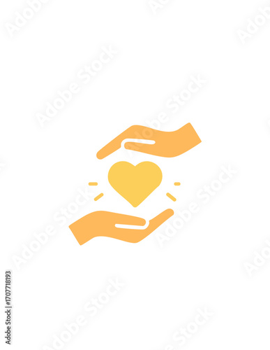 Two yellow hands gently hold a glowing heart, a symbol of love, care, kindness, and protection.