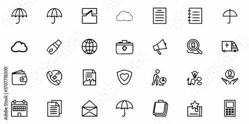 Collection of various black and white line art icons representing diverse business and personal concepts