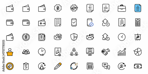 Illustration of various business and finance icons including money documents and communication tools set up