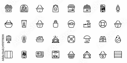 Collection of various outlined icons including buildings, containers, objects, and miscellaneous items