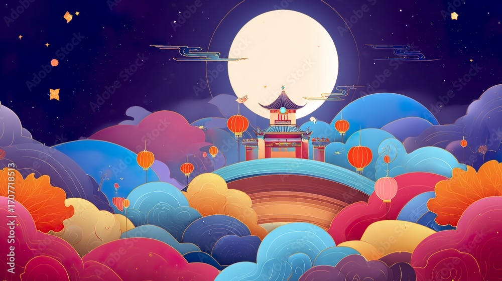Naklejka premium Mid-Autumn Festival Concept: Festive Mid-Autumn Theme Ideas, Moonlit Mid-Autumn Concept Designs, Traditional & Modern Mid-Autumn Festival Concepts for Greetings, Decor & Celebrations