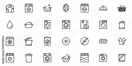 Collection of laundry related icons featuring washing machines and cleaning supplies in black and white