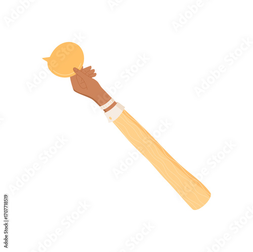 Raised hand holding a yellow chatbox in flat style. Gesture signifies human communication and speech. Symbol of people, diversity, and support, depicted in a colorful creative concept.
