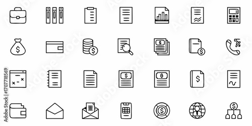 Collection of business and finance icons including documents, money, and communication tools in black outline