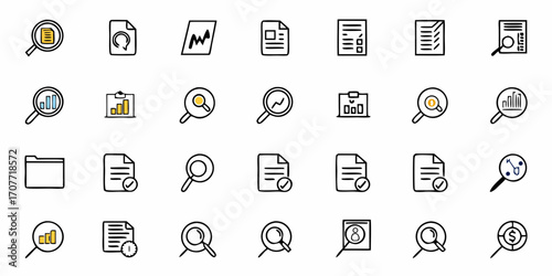 Collection of business analysis icons featuring documents charts and magnifying glasses for data examination