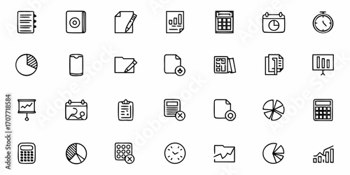 Collection of various business and office related icons including charts calendars and documents in black outline