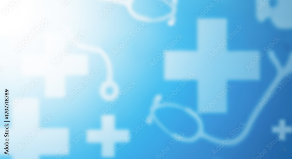 Obraz premium Clean medical presentation background with blurred stethoscope and cross symbols, simple blue and white backdrop for healthcare or hospital related content