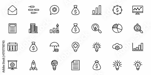 Collection of business and finance icons including charts money and ideas in a vector graphic style