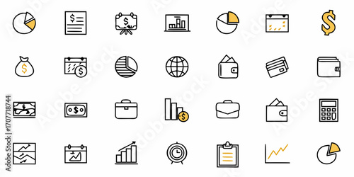 Illustration showing financial and business related icons like charts, money, and office equipment items