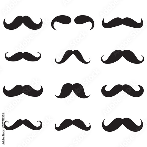 Collection Set of Black Mustache Icons – Classic Mustache Styles, Vintage Beard & Retro Facial Hair Vector