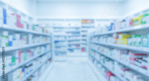 Sterile and clean interior of chemist shop or hospital dispensary, pharmaceutical retail store for product placement, nobody in empty drugstore for medical banner.
