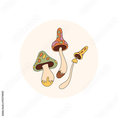 Groovy retro mushroom with cartoon sticker style. Psychedelic shroom art forms a colorful circle label, magic lid and package accent for a y2k product.