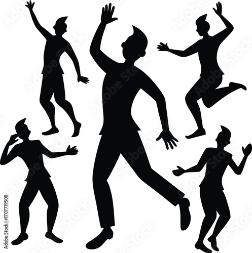 Silhouette Dancing Man Poses, Black Figures, Vector Art, Joyful Motion