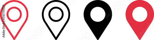 A collection of four location pin icons, showcasing variations in color and style, including outline and filled versions in red and black.