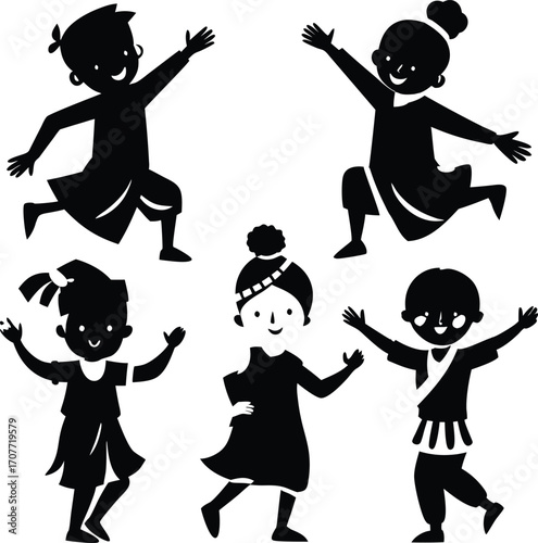Black and White Silhouettes of Joyful Children Dancing and Playing