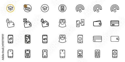 Collection of finance and technology icons featuring wallets phones and payment methods in simple line art