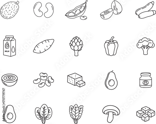 Vegan Food and Plant Based Diet Vector Icon Set
