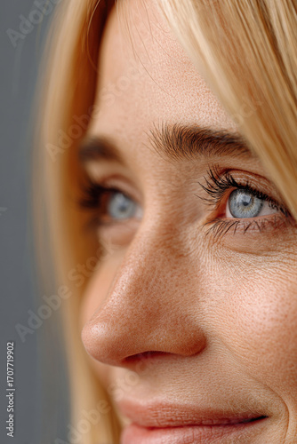 closeup of woman eyes that exude deep focus against smooth gray background