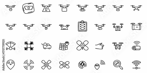 Collection of various drone designs and related icons in a doodle style illustration set of graphics