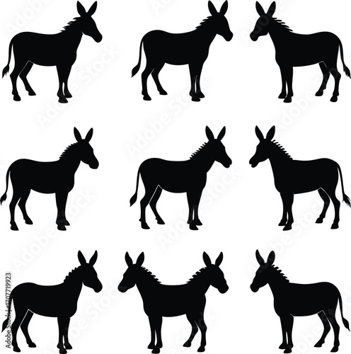 Black Donkey Silhouettes: Vector Illustration, Animal, Isolated, Design