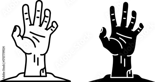 Two stylized illustrations of a hand emerging from the ground, one in black and white outline and the other in solid black.