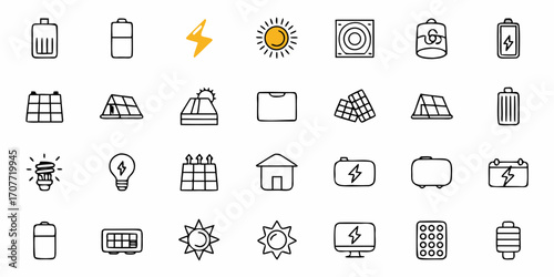 Collection of various energy and power related icons including batteries and solar panels in black and yellow