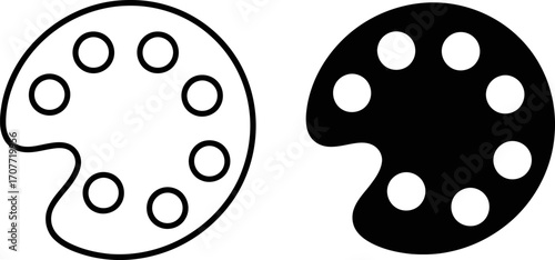 A black and white illustration of an artist's paint palette with eight circular wells for paint.