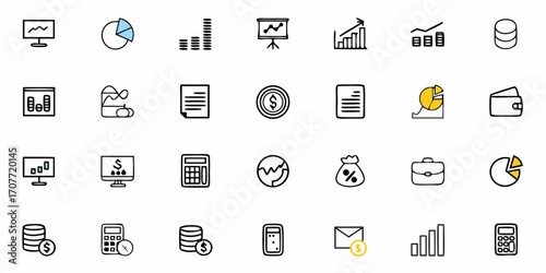 Collection of finance and business icons including charts, graphs, money, and office related items
