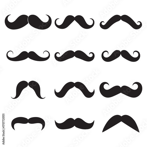 Collection Set of Black Mustache Icons – Classic Mustache Styles, Vintage Beard & Retro Facial Hair Vector