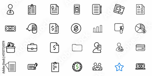 Illustration of business and finance icons including documents money and people in a doodle style set