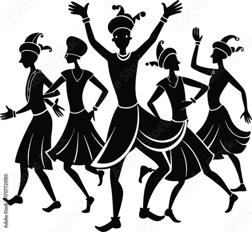 Silhouette Dancers in Festive Attire: Black and White Illustration