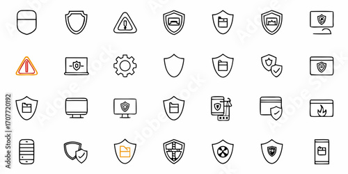 Collection of various security icons representing different protection and safety measures in a line art style