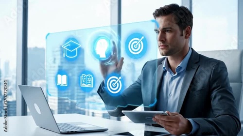 Digital Education Innovation — Businessman Using AI E-Learning Interface, Online Training and Learning Technology Concept