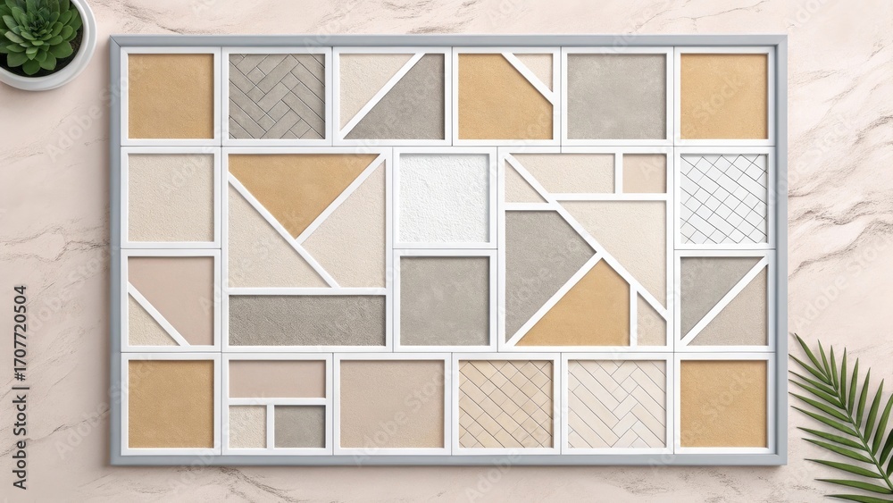 Fototapeta premium Elegant Abstract Gallery Wall: A sophisticated, geometrical gallery wall arrangement featuring diverse textures and muted tones, showcasing modern interior design and the beauty of art.