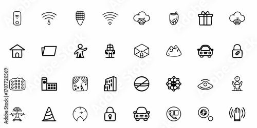 Illustration of assorted icons including technology, buildings, travel, and miscellaneous symbols set