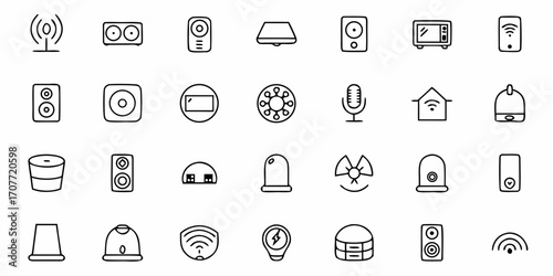 Representation of various electronic devices and smart home appliances in a line art style drawing style