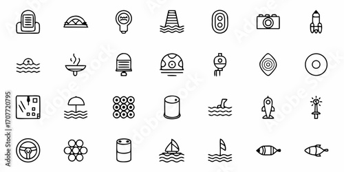 Collection of nautical and travel themed line art icons featuring boats waves and other related elements