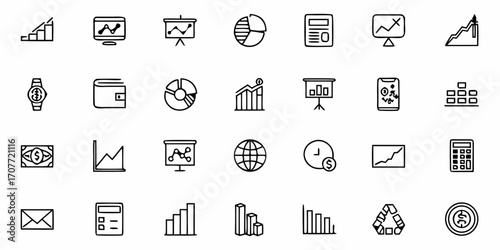Illustration of financial and business icons including charts and money related symbols shown