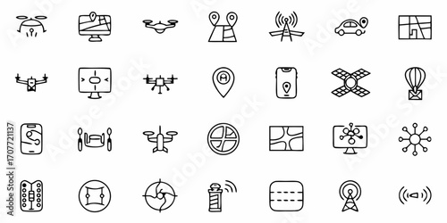 Illustration showcasing various navigation and communication icons including drones and satellite imagery systems