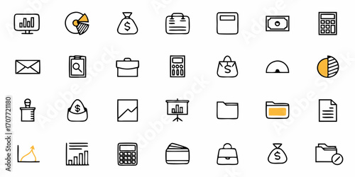Illustration showing a collection of business and finance icons including charts money and office supplies