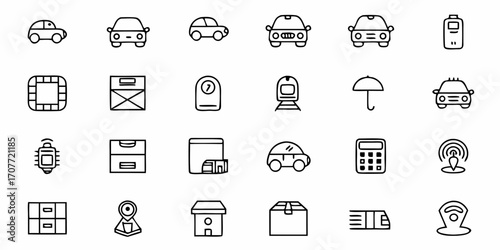 Outline icons depicting various objects including cars, electronics, packages, and transportation items